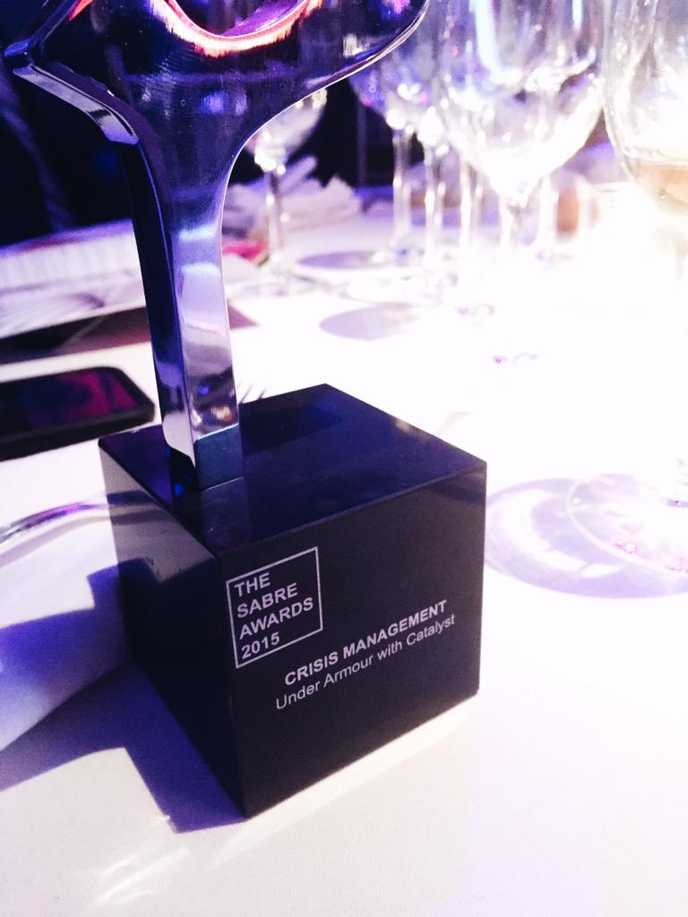 PRCatalyst's tweet photo. Proud to partner w/ client @UnderArmour to win the SABRE Award for Crisis Management from @holmesreport. #SABREAwards http://t.co/r6vJbGRRI1