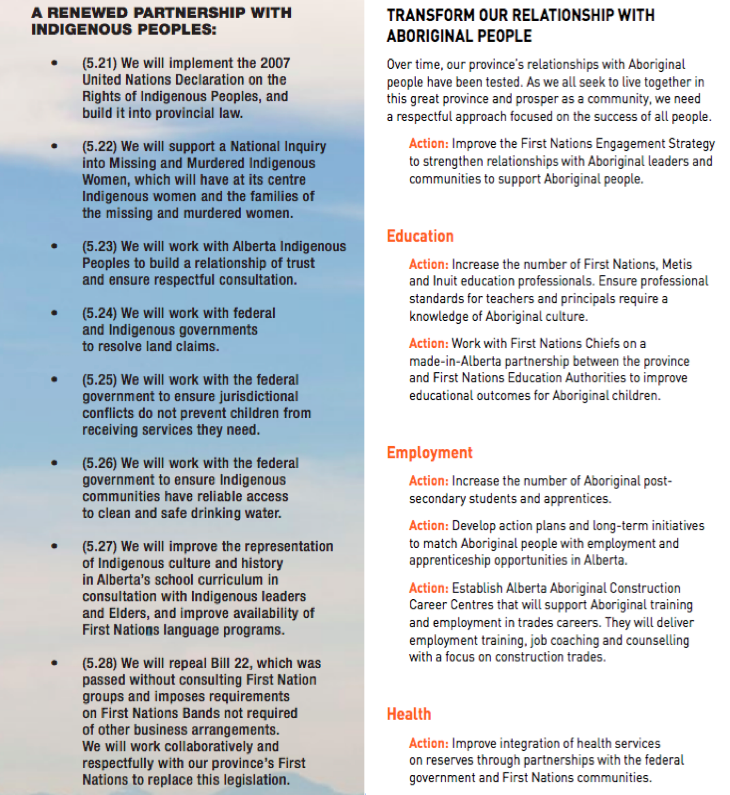 Hayden_King's tweet photo. Platform on Indigenous issues from Alberta Progressive Conservatives vs. New Democrats (left/left, right/right): http://t.co/EjMirLt8kq