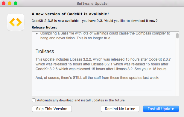 tsiger's tweet image. Codekit&apos;s changelog is the only one I ever bother reading. #codekit #awesome