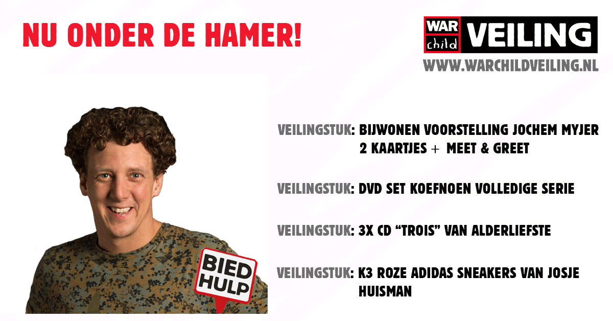 WarChild_NL's tweet photo. Nu onder de hamer: 2 kaartjes voorstelling van niemand minder dan @jochemmyjer #biedhulp op http://t.co/E006gsrufe http://t.co/VBXynX3xdF
