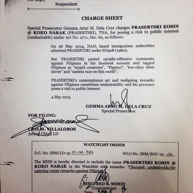 News5PH's tweet photo. Charge sheet vs Thai man who is facing deportation for racist comments vs Filipinos | via @erelcabatbat http://t.co/iEMTG3TOzI