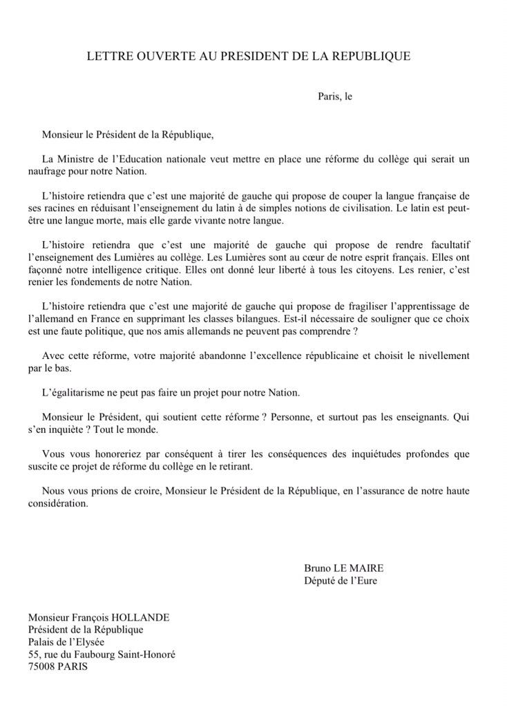 Réforme du collège : Bruno Le Maire et 160 députés (UMP-UDI) écrivent au Président  CETJux-WgAEmZO2