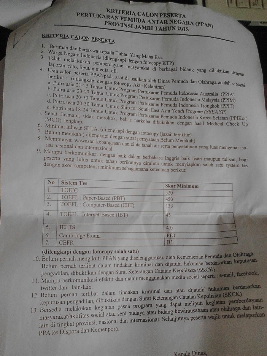 seleksi calon peserta program pertukaran pemuda antar negara (PPAN)  2015 yang diselenggarakan oleh Dispora Jambi