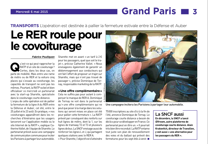 SharetteFr's tweet photo. Le partenariat Sharette- @GroupeRATP en bref dans le @20Minutes ce matin ! #covoiturage #smartmobilité http://t.co/CQ9Ej9iWK2