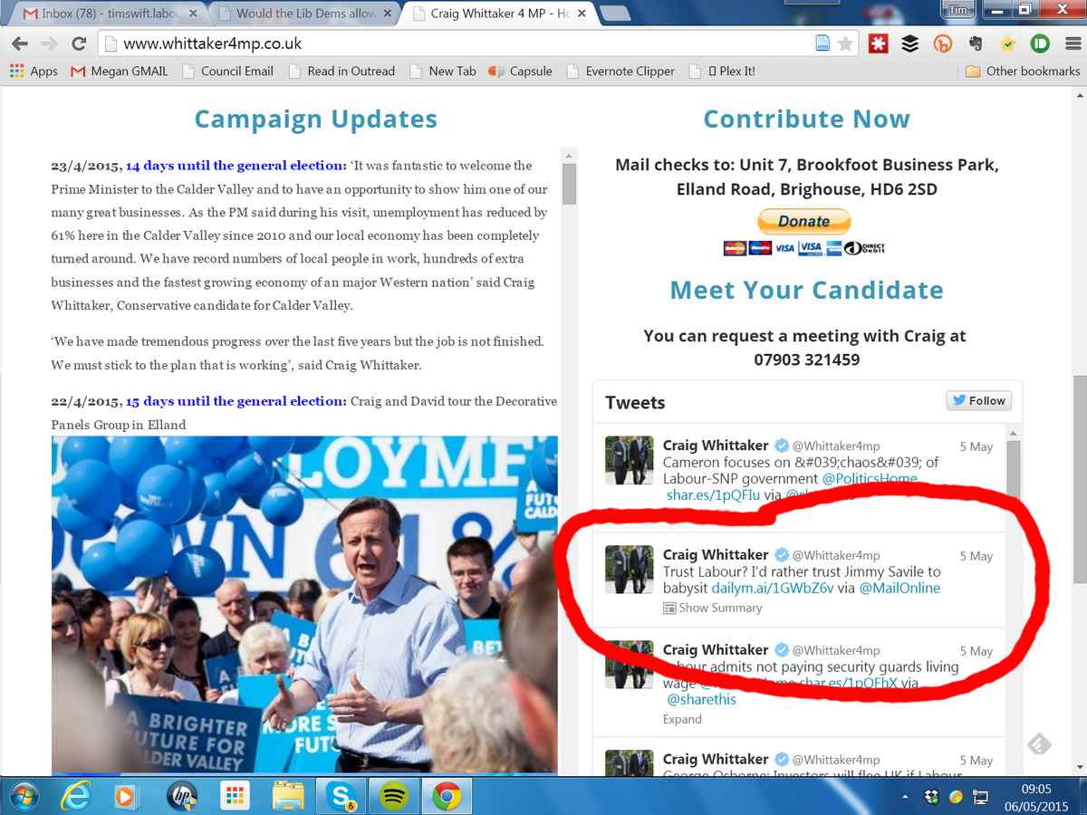 Not only has Craig Whittaker not deleted tweet or apologised - it shows up on home page of his website too