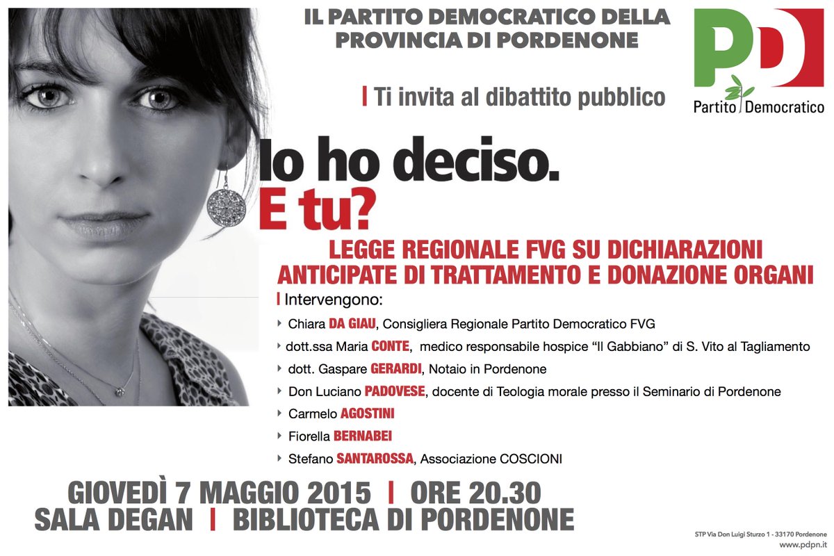 Dichiarazioni anticipate di trattamento, giovedì sera a Pordenone con la consigliera Chiara Da Giau
#dat