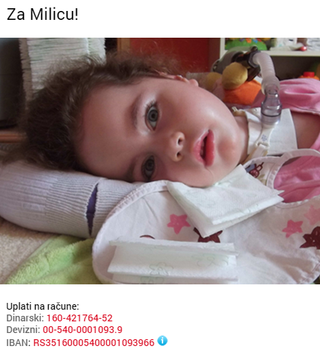 Milica ne može da pomera, glavu, ruke i noge, diše i hrani se na aparatu. Fali još 106.000 dinara.
SMS 91 NA 3030
RT