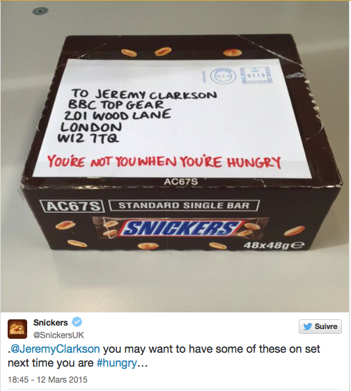 [PépitesduCM]
Réagir à l'actualité en conséquence, bien joué <a href="/SnickersUK/">SNICKERS UK</a> ! #SocialMedia #Gift #TopGear #Snickers
