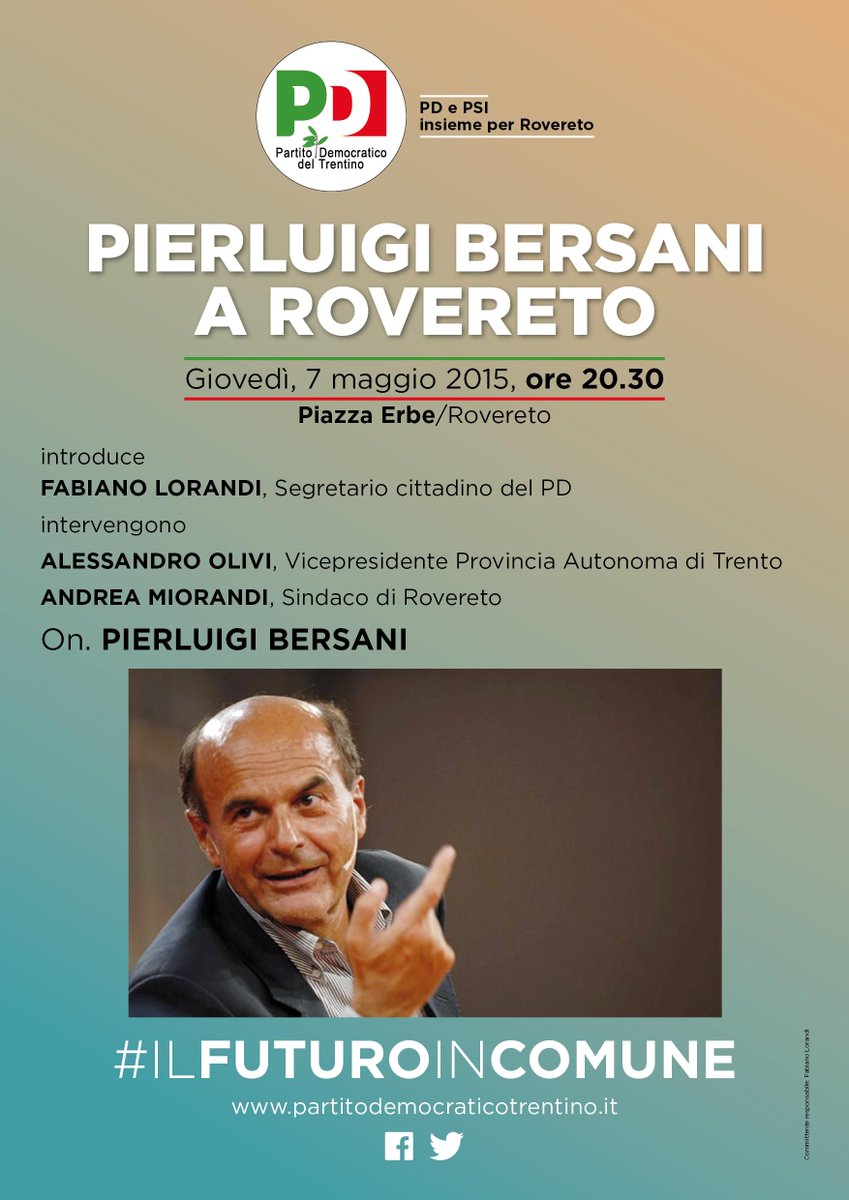 PDdelTrentino's tweet photo. Giovedì a ROVERETO PIERLUIGI BERSANI! @AleOlivi66 @andreamiorandi @chiara_bert @patrunoladige @pdrovereto @faffino http://t.co/ojSdRs0oNA