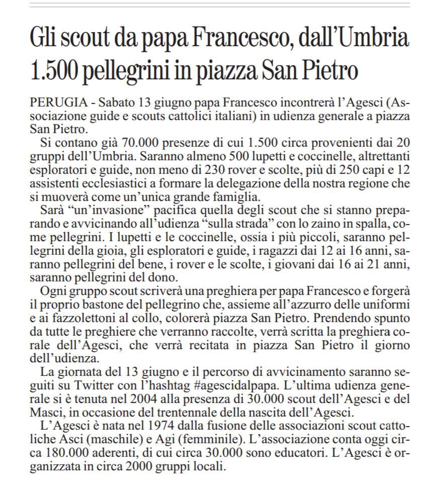 Agesci_Umbria's tweet image. #agescidalpapa Giornale dell'Umbria e Messaggero mercoledì 6 maggio