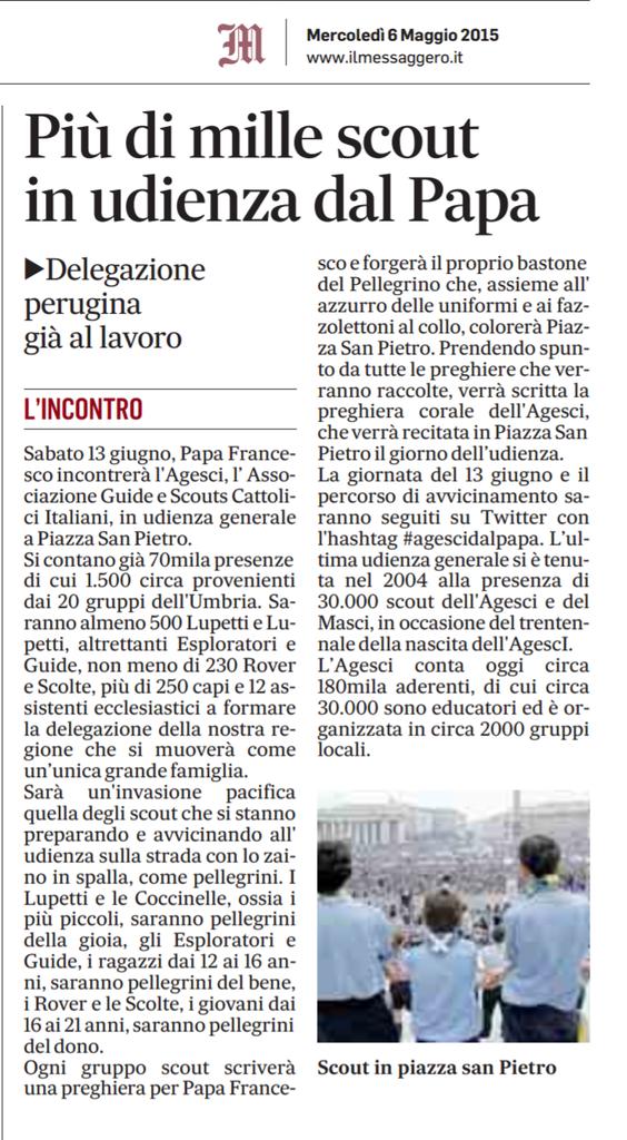 Agesci_Umbria's tweet image. #agescidalpapa Giornale dell'Umbria e Messaggero mercoledì 6 maggio