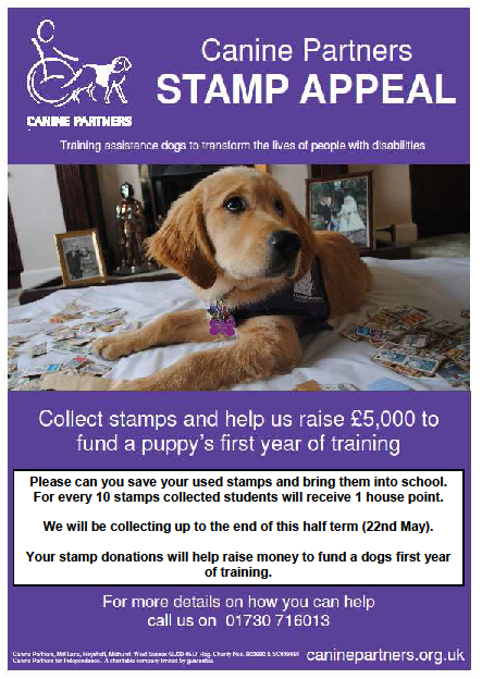 ChelmerValleyHS's tweet photo. We are collecting used stamps up to 22nd May in aid of @canine_partners http://t.co/y7MuyyQBzH