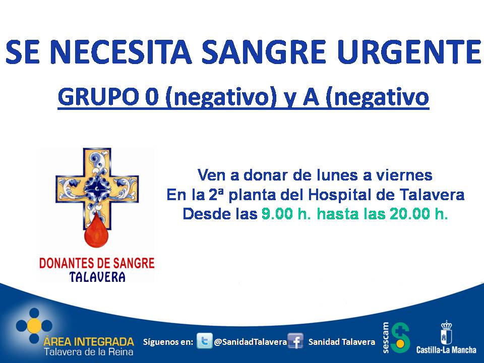 SanidadTalavera's tweet photo. Atención: Se necestia sangre urgente O y A negativo. Ven a donar al #HospitalTalavera de 9.00 a 20.00 horas. http://t.co/lYMAUEgzht