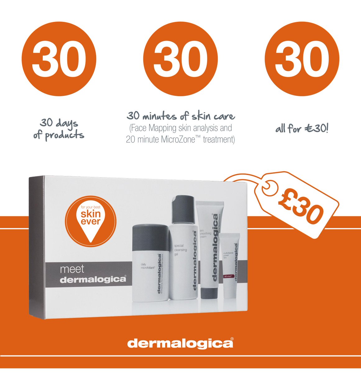Dermalogic 30-30-30! 30 days of product 30 minute mini facial All for £30 Book now through May! #dermalogica #beauty