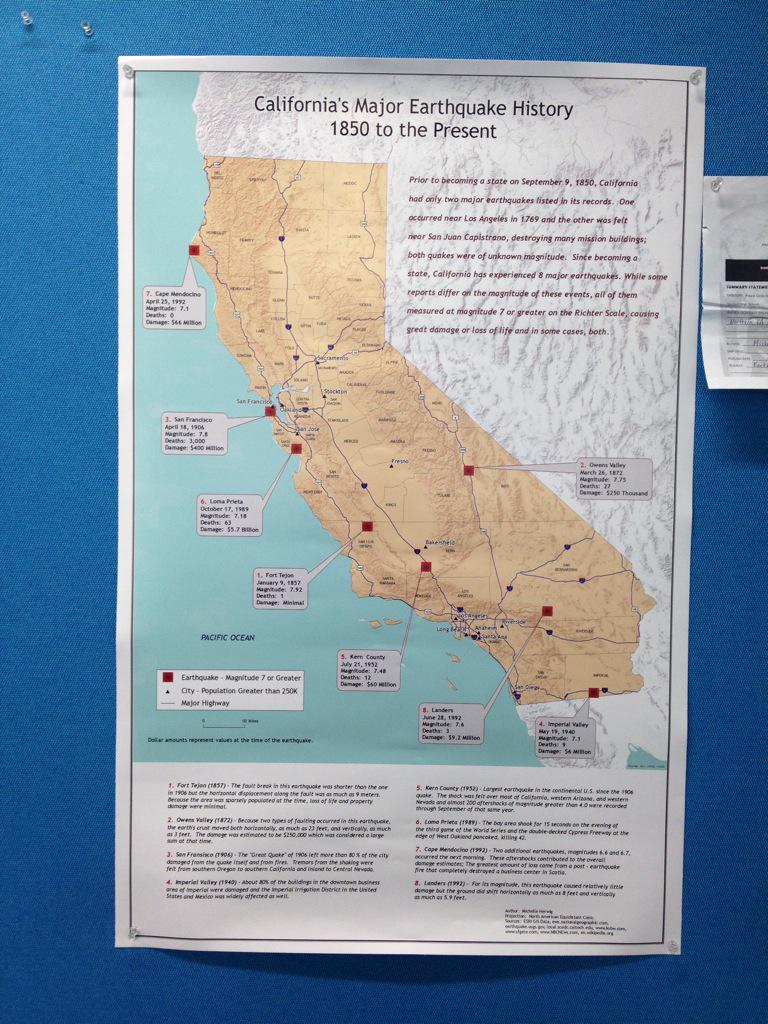 LoCoGISForum's tweet photo. A beautiful student #map on CA #earthquakes by Michelle Herwig. #LoCoGISForum http://t.co/OnabexPKQr