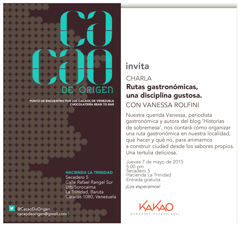 CacaoDeOrigen's tweet photo. Mañana jueves #7Mayo, tendremos a @VRolfini conversando sobre Rutas Gastronómicas. 5:00 pm. http://t.co/NBWgT1OgDw http://t.co/0en1dNiGM9