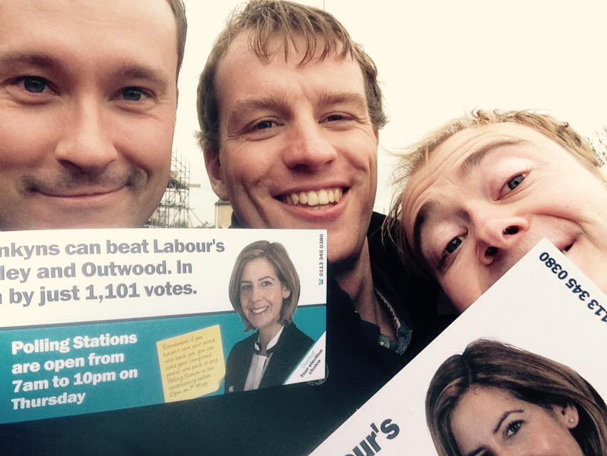 M_J_Naughton's tweet photo. Pre-poll push in the soft W Yorks rain for @andreajenkyns with @sebastianmlowe and @Gareth4RValley #GE2015 http://t.co/QWQw2ISwj7