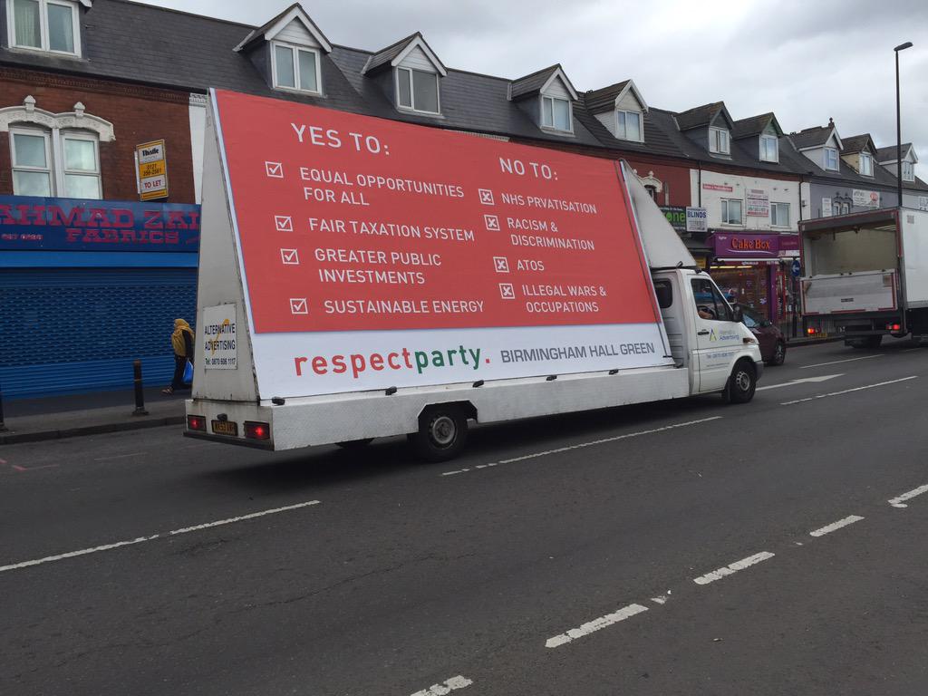 L0rdGrumpy's tweet photo. Rain pouring down in #HallGreen ..Campaigning in the #van @ukrespectparty #VoteRespect #voteshirazpeer #GE2015 http://t.co/lCJiwsvHoS