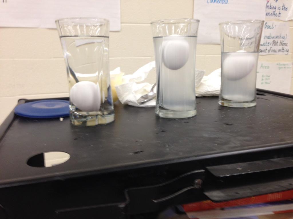 Fresh water, the egg sinks/ salt water the egg floats! Salt water is more dense. @hillsidehornet
