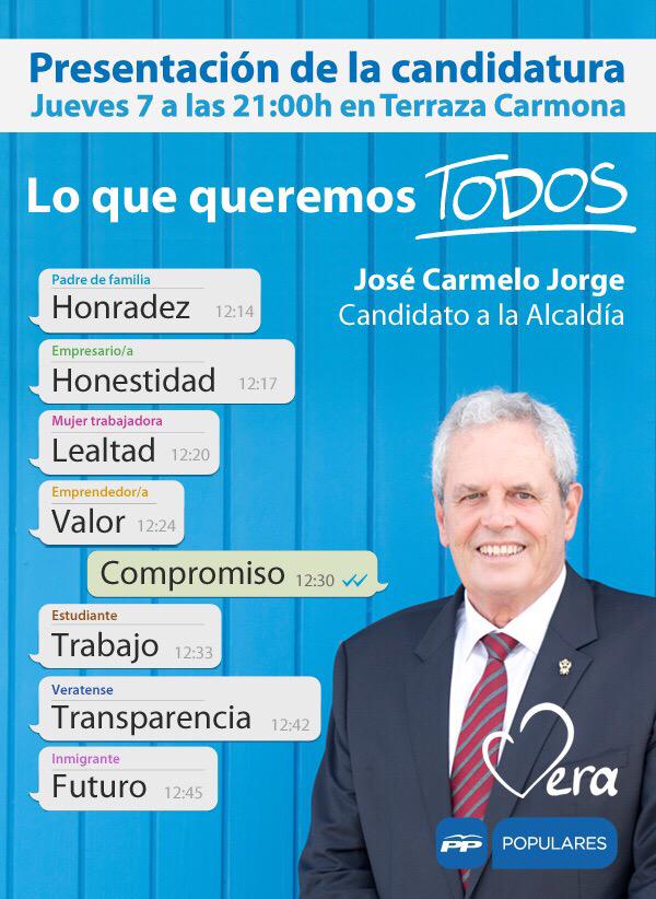 ppopular_vera's tweet photo. Mañana jueves 7 presentación d la candidatura a las 21:00h en Terraza Carmona #LoQueQueremosTODOS #JoseCarmeloAlcalde http://t.co/h2cM2cAhSr