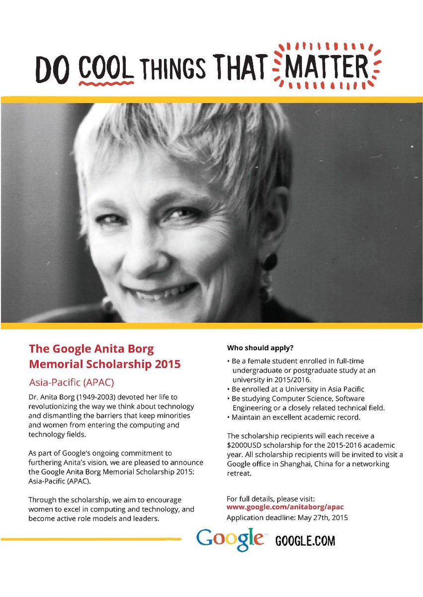 Nah nah nama program beasiswanya itu adalah Anita Borg Memorial Scholarship !