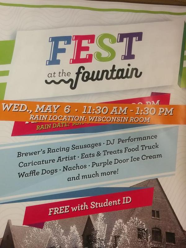 UWMScoop's tweet photo. If you were looking for the Fest at the Fountain, its been moved to the Wisconsin room. Prizes and free food at 11:30 http://t.co/otEqY3LjkV