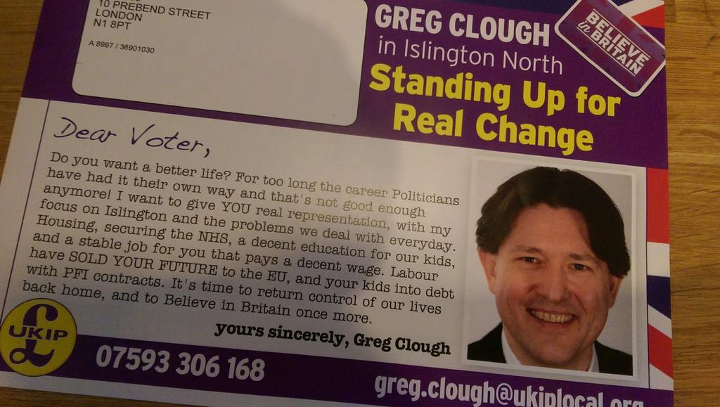 C_K_Pearce's tweet photo. @UKIP standing up for real change... to electoral boundaries, dropping Isl. Nth leaflets in Isl. Sth constituency http://t.co/UBN5OUJA5y