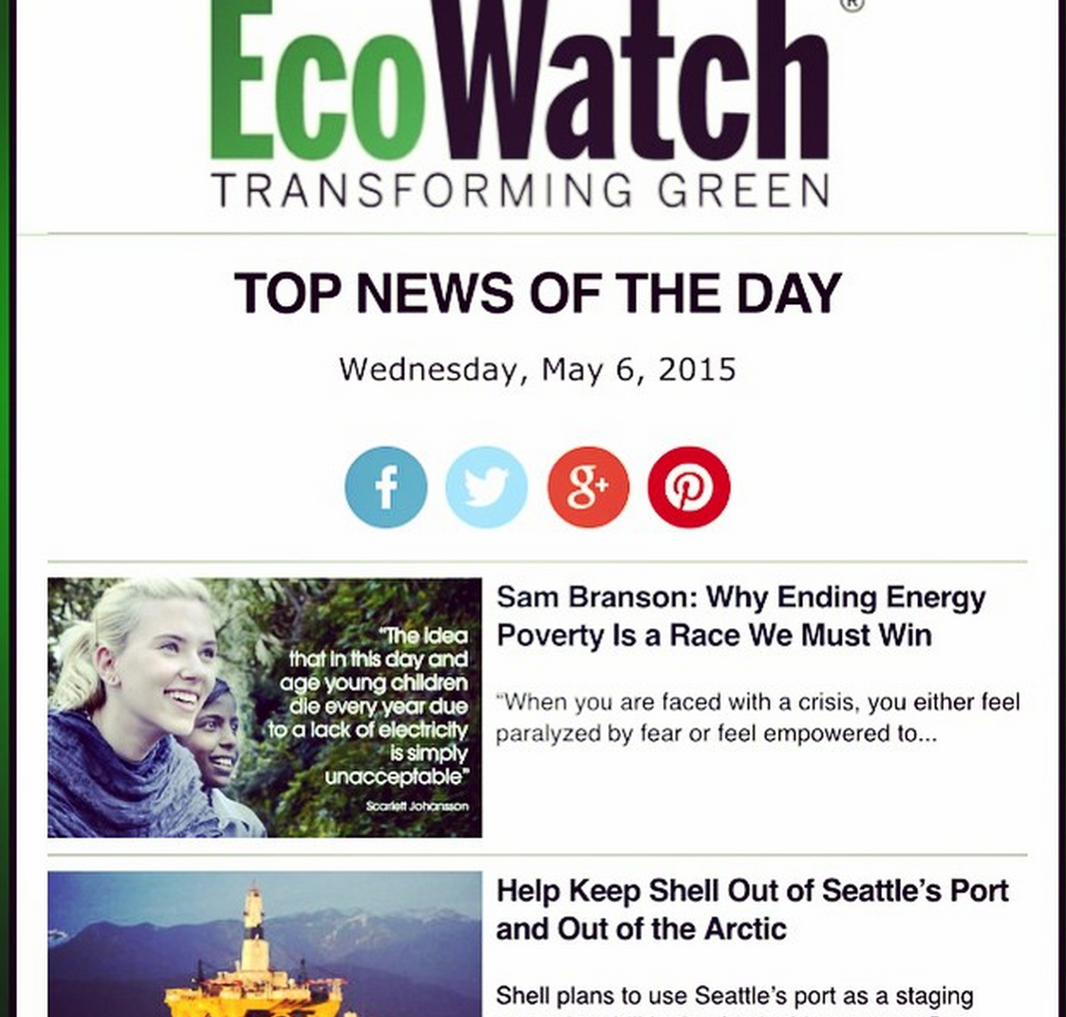 Very happy to be at the top of <a href="/ecowatch/">EcoWatch</a> 's top news of the day  #aracewemustwin ecowatch.com/2015/05/06/sam…