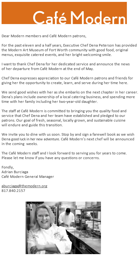 campbowiedist's tweet photo. #Chef Dena Peterson from @themodernfw has announced she's leaving after almost 12 years. #foodie #fortworth http://t.co/YT7pOZ3WOn