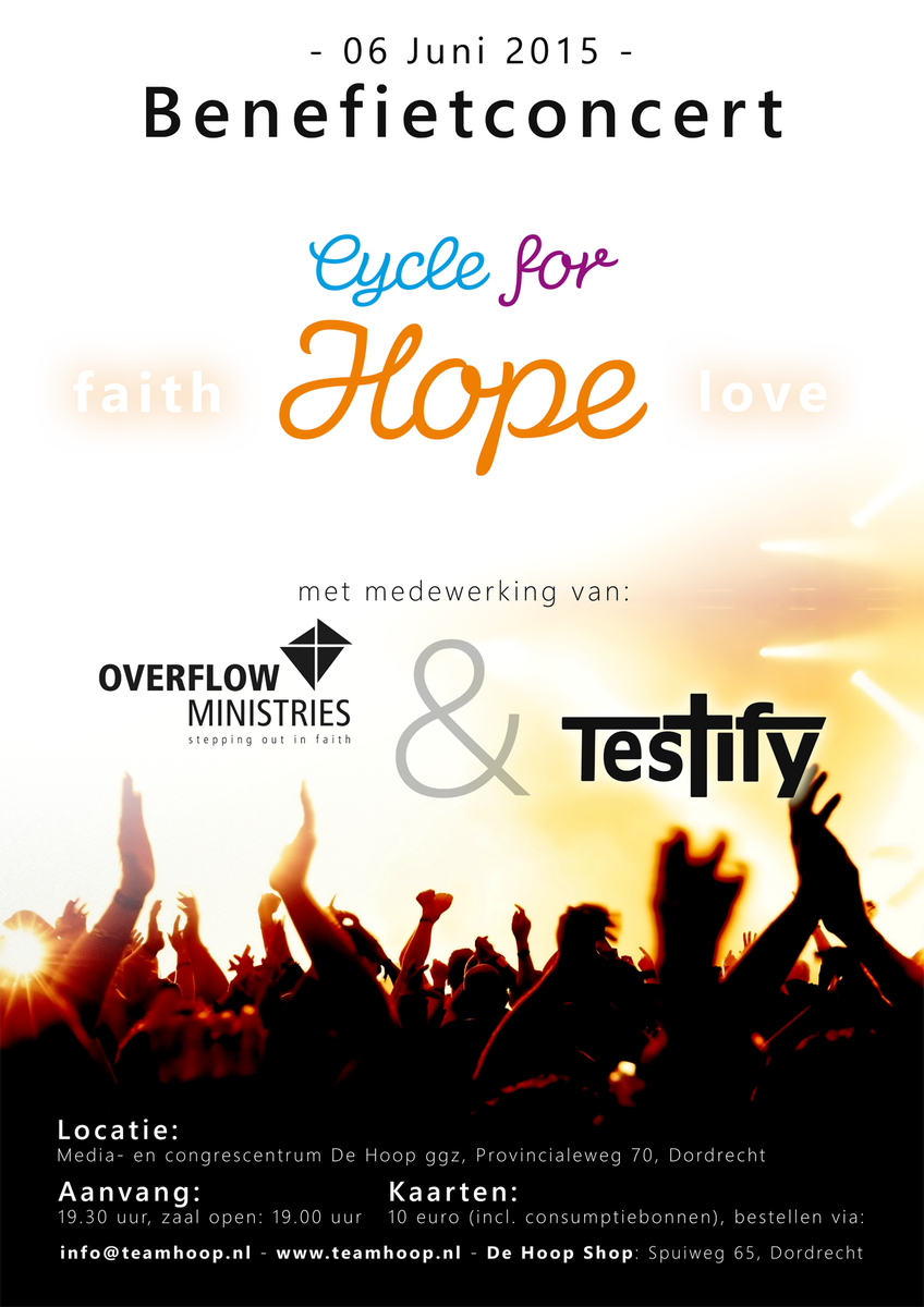 TeamHOOP's tweet image. Kom op 6 juni naar ons benefietconcert! @Testify_Praise @OverflowAll Kaartje 10 EURO info@teamhoop.nl #cycleforhope
