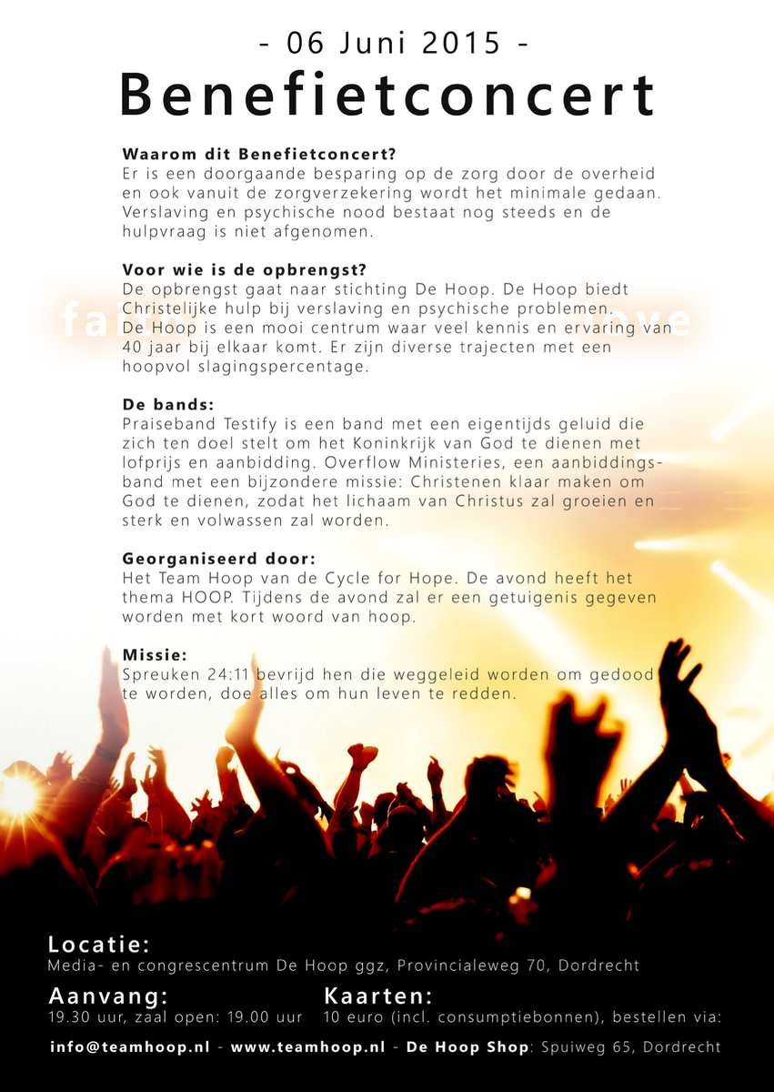 Kom op 6 juni naar ons benefietconcert! <a href="/Testify_Praise/">Testify</a> <a href="/OverflowAll/">Overflow Ministries</a> Kaartje 10 EURO info@teamhoop.nl #cycleforhope
