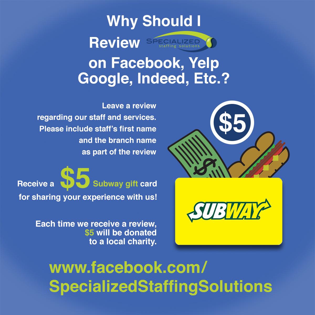 specialstaffing's tweet photo. Review us on Facebook and get a free $5 Subway gift card!
https://t.co/kdkVIVOLAZ http://t.co/Cp49nRFNPt