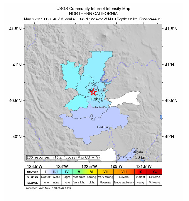 ClayDuda_RS's tweet photo. This USGS map shows quake caused weak to light shaking in Redding, Red Bluff areas. No reports of damage, injuries. http://t.co/myyn2IhaGU