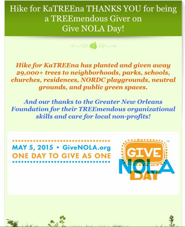 HikeForKatreena's tweet photo. Thank you! #GiveNOLA http://t.co/xkTg2VZWhv