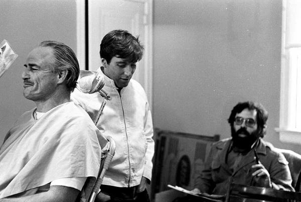 HistoryInPics's tweet photo. Marlon Brando, Al Pacino, and Francis Ford Coppola on the set of The Godfather. Photograph by Steve Shapiro. http://t.co/cgxcFUJYwP