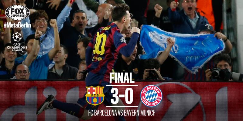 FOXDeportes's tweet photo. ¡FINAL! El @FCBarcelona_es se lleva el triunfo con un doblete de #Messi y uno más de @neymarjr #MetaBerlin #FCBFCB http://t.co/W8DWERsmq6