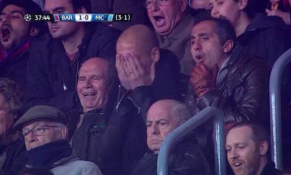 PensApuestas's tweet photo. Reacción de Pep Guardiola tras el 2-0 de Messi. http://t.co/XYTryE5efK