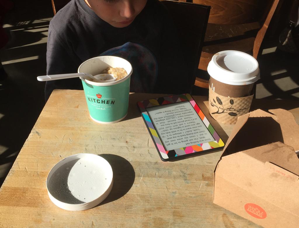 ScienceyAutism's tweet photo. Books at the breakfast table-- raising him right π #ReadingWhileEating #autismmom http://t.co/5IcXs00SZU