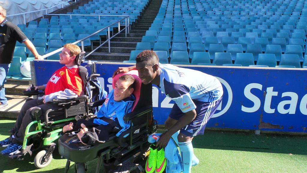 Today we presented our Powerchair Football team with new jerseys as they met the @ALeague squad! #SydneyIsSkyBlue