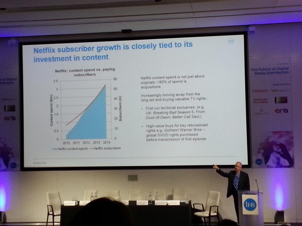 laurachaibi's tweet photo. "@amandaEMEA: Netflix subscribers directly correlates w/ content investment Ben Keen @IHS4Tech at #fdmconf http://t.co/P5CFuBVp5p" @fouadm