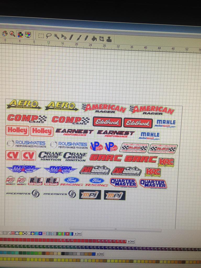 BH_DesignsGa's tweet photo. Majority of contingency logos for the Cars Super Late Model Tour.  Now  time to place &amp; size for wrap. http://t.co/jxrNY9yrve