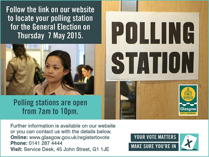 GlasgowCC's tweet photo. Polls are about to open across Glasgow - check the location of your polling place at https://t.co/e5KWRCZzFN  #ge2015 http://t.co/wtrMBGfFLq