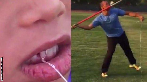 BBCSport's tweet photo. Olympian Bryan Clay removes daughter's loose tooth with javelin http://t.co/vDkBpzoqz9 http://t.co/QgSMVAMGez