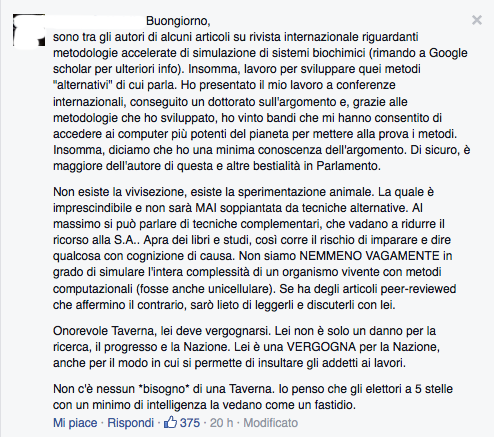 marcocattaneo's tweet photo. Un ricercatore risponde a @PaolaTavernaM5S sulla sperimentazione animale. Chissà se sarà 'capace a leggere'. http://t.co/YlsKpGN7PX