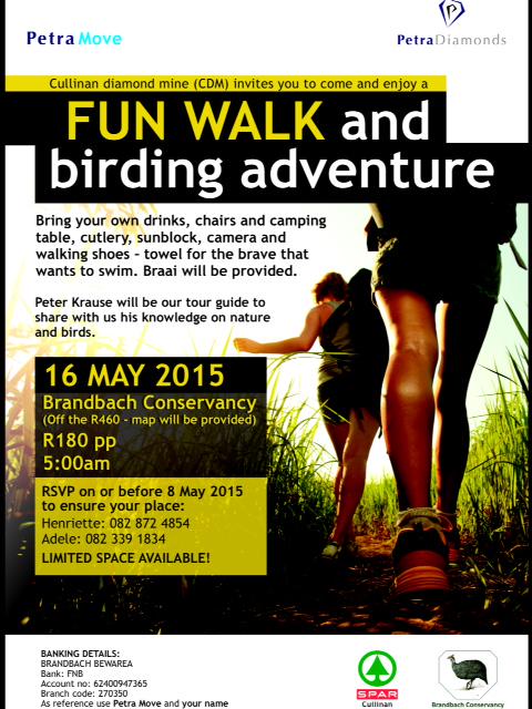 Tshwane_CVB's tweet photo. Pack your running shoes, picnic/braai for the FunWalk &amp; Birding Adventure,16/05 Brandbach Conservatory @CullinanMine http://t.co/mFwsnRVOgu