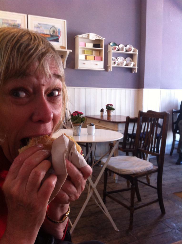 rhgoode's tweet photo. @frannygranny enjoying a bacon sandwich and a mini break from campaigning http://t.co/6oV6Aj2gHn