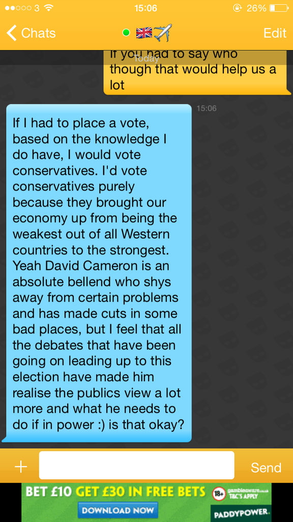 GayistUK's tweet photo. A couple of the SFW responses we got in our @Grindr election poll https://t.co/5TprPuY2Ug #GE2015 #SSGElection http://t.co/EURFD8N8dr