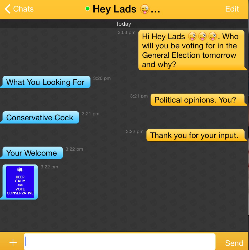 GayistUK's tweet photo. A couple of the SFW responses we got in our @Grindr election poll https://t.co/5TprPuY2Ug #GE2015 #SSGElection http://t.co/EURFD8N8dr