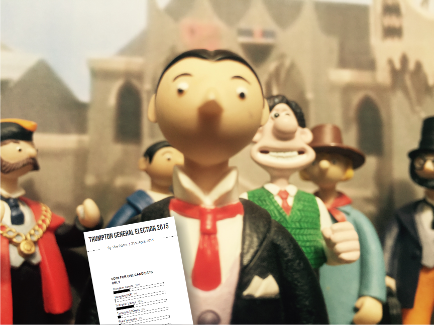 TheBrexitComic's tweet photo. TRUMPTON RESULT

@TrumptonLabour WIN (35%)
@Green_Trumpton (32%)
@Trumpton_UKIP (It's over! - 4%)

#TrumptonElects http://t.co/WnTKQzxFS4