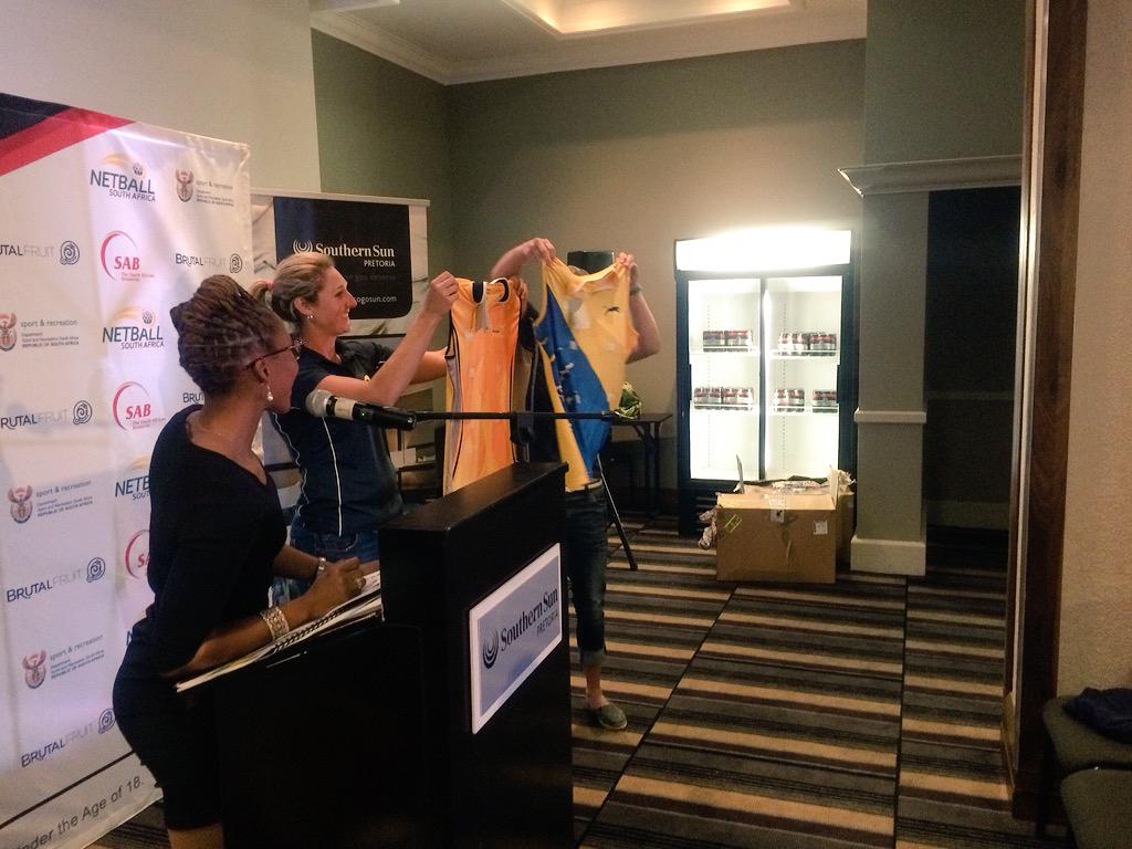 Netball_SA's tweet photo. MC &amp; #GoldenFireballs player @Addylishis @AddyTsotetsi introducing @AmandaMynhardt @ErinBurger &amp; @CanterburySA kit! http://t.co/b378HFpVUU